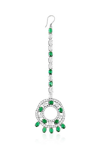 White Rhodium Finish Emerald Stone Maangtikka