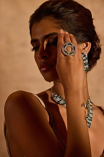 White Rhodium Finish Emerald Stone Ring