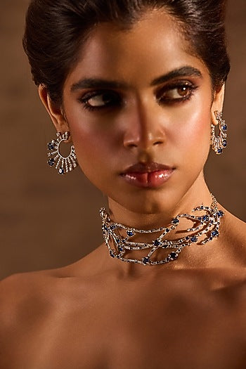 White Rhodium Finish Sapphire Stone Dangler Earrings