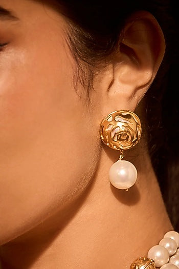 Gold Finish Rosette Drop Floral Earrings