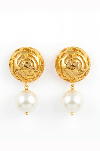 Gold Finish Rosette Drop Floral Earrings