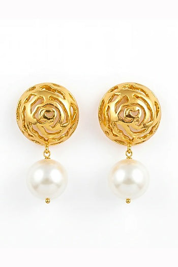 Gold Finish Rosette Drop Floral Earrings