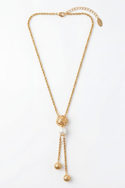 Gold Plated Pearl Lariat Floral Necklace