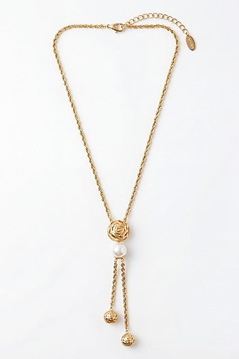 Gold Plated Pearl Lariat Floral Necklace