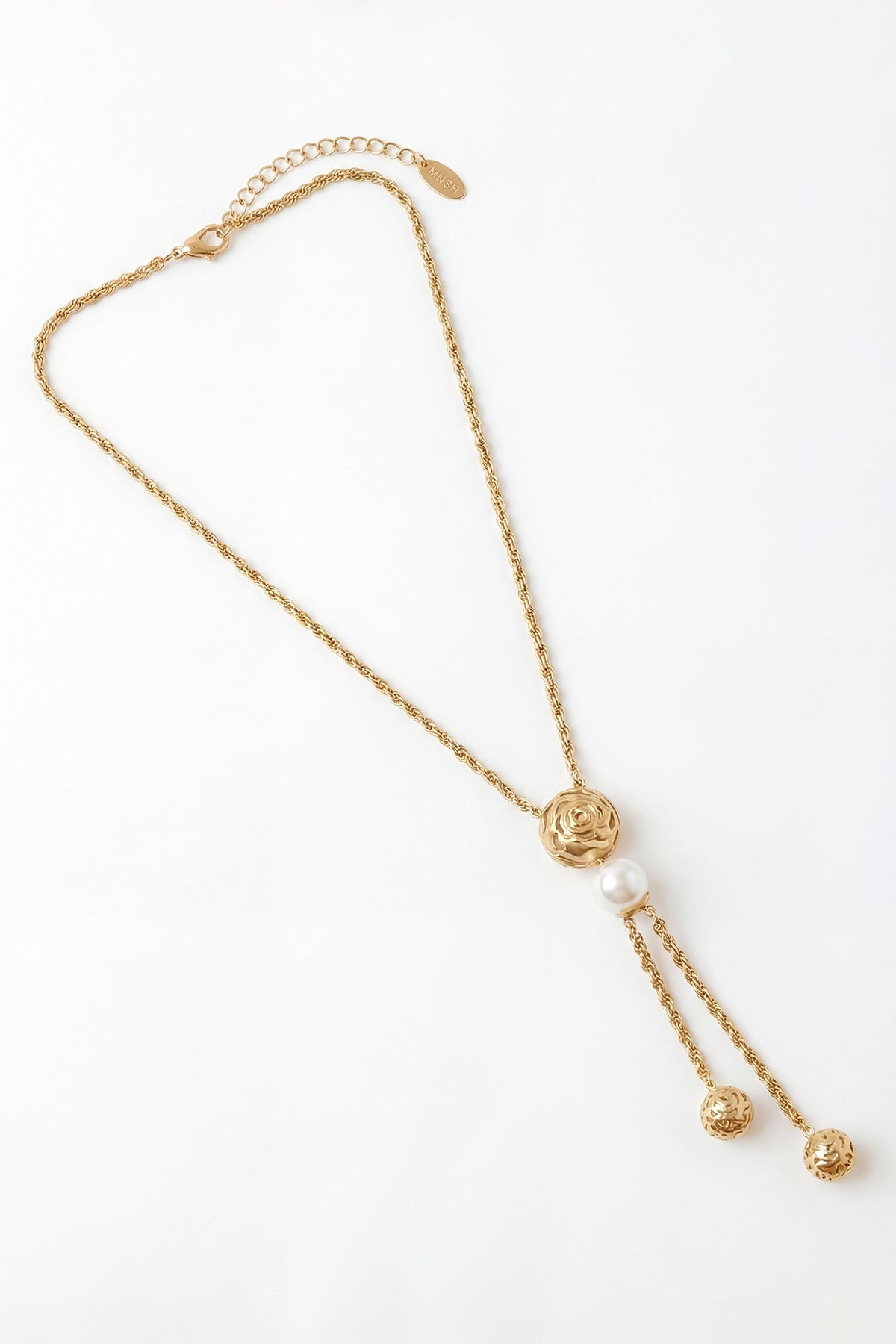 Gold Plated Pearl Lariat Floral Necklace