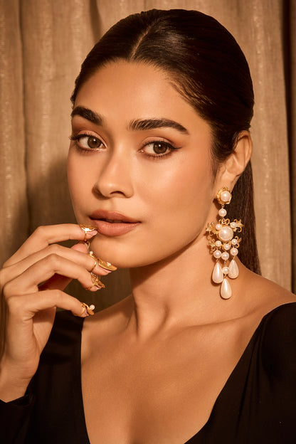 Gold Plated Pearl Floral Dangler Earrings