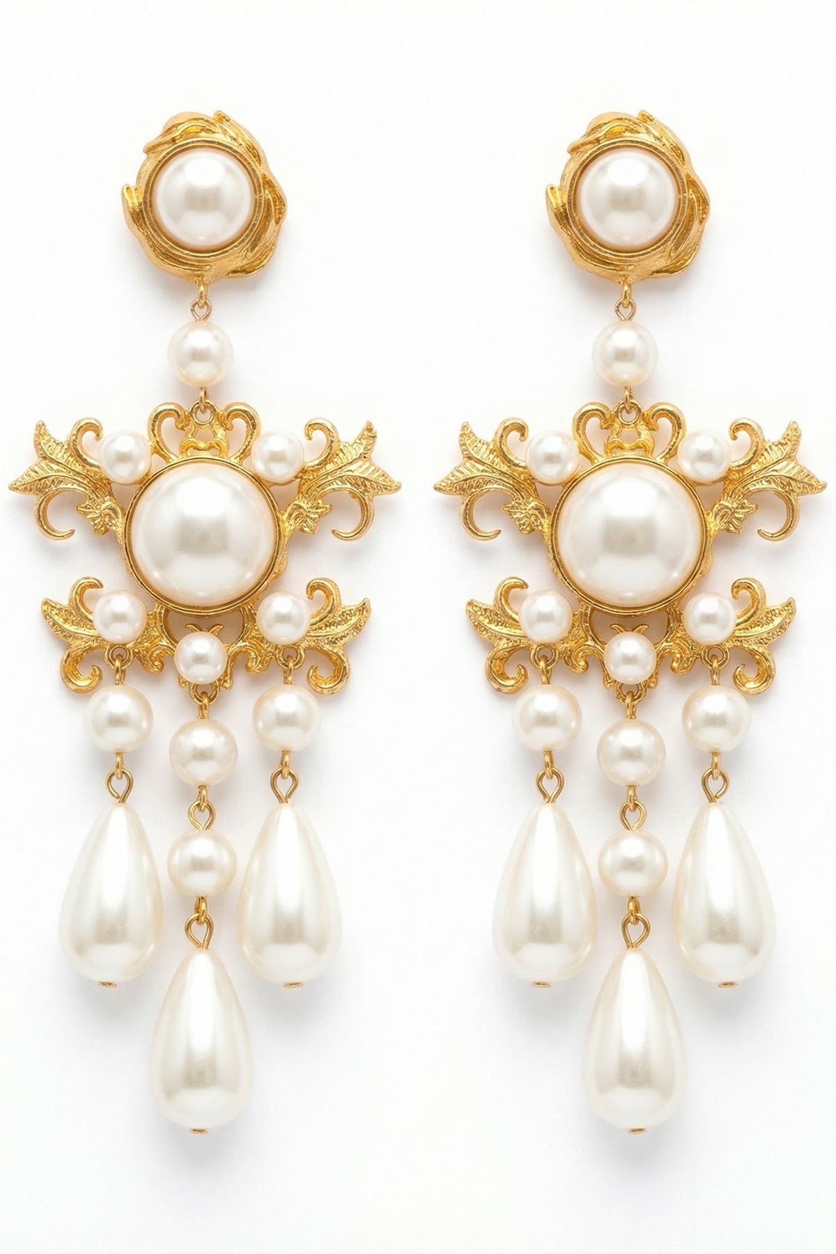 Gold Plated Pearl Floral Dangler Earrings