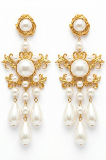 Gold Plated Pearl Floral Dangler Earrings