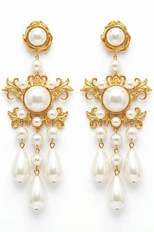 Gold Plated Pearl Floral Dangler Earrings