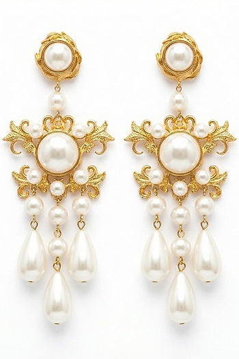 Gold Plated Pearl Floral Dangler Earrings