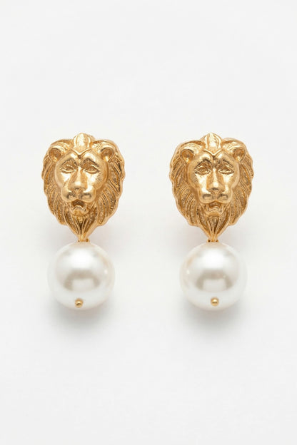 Gold Plated Pearl Lion Stud Earrings