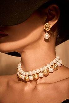 Gold Plated Pearl Lion Stud Earrings