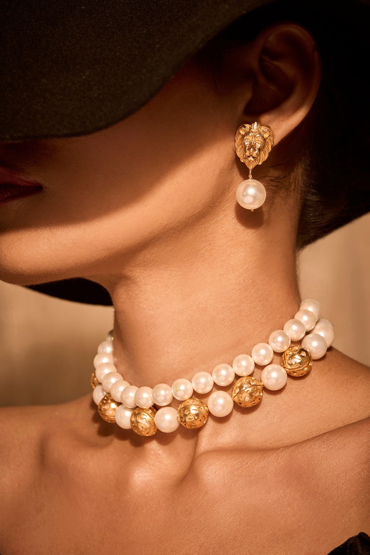 Gold Plated Pearl Lion Stud Earrings