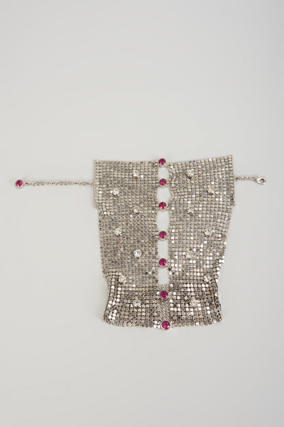 White Finish Silver & Ruby Rhinestone Glove With Bracelet