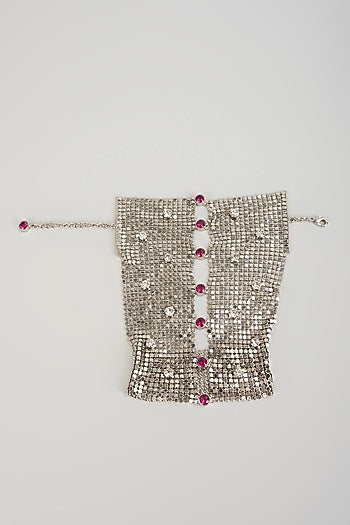 White Finish Silver & Ruby Rhinestone Glove With Bracelet