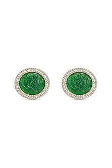 Gold Finish Green Lotus Quartz Stud Earrings
