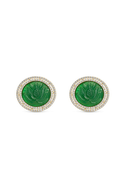 Gold Finish Green Lotus Quartz Stud Earrings