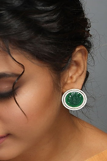 Gold Finish Green Lotus Quartz Stud Earrings
