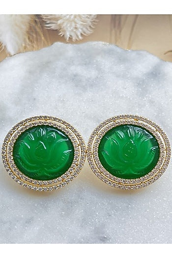 Gold Finish Green Lotus Quartz Stud Earrings