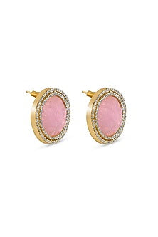 Gold Finish Pink Lotus Quartz Stud Earrings