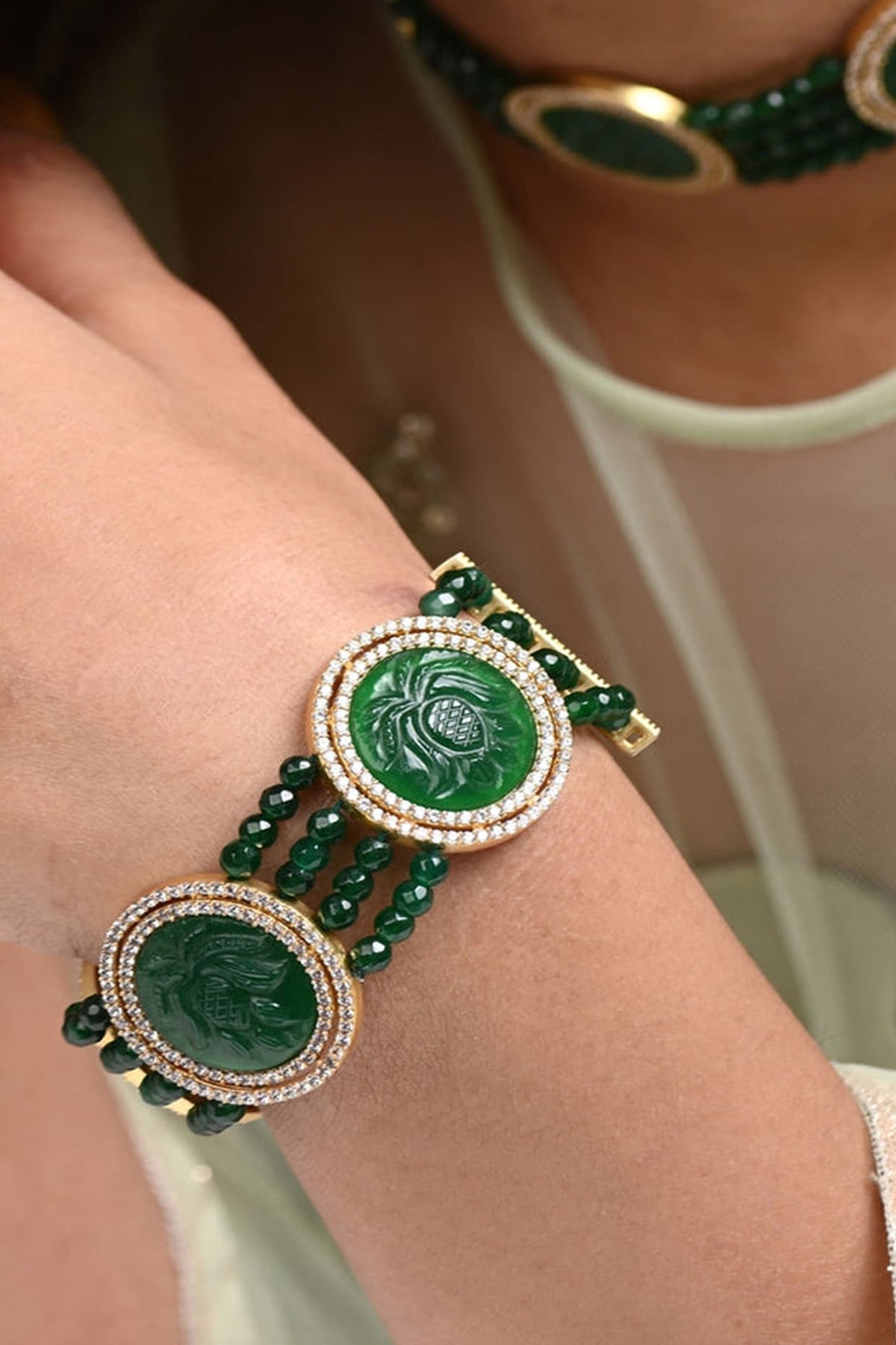 Gold Finish Green Lotus Quartz Bracelet