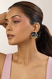 Gold Plated Black Enameled Stud Earrings