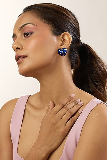 Gold Plated Blue Enameled Heart Stud Earrings
