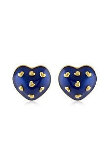 Gold Plated Blue Enameled Heart Stud Earrings