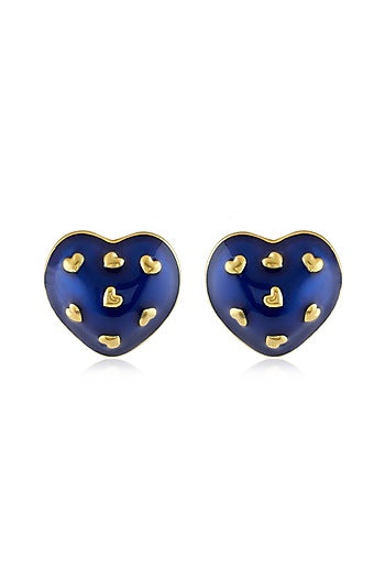 Gold Plated Blue Enameled Heart Stud Earrings