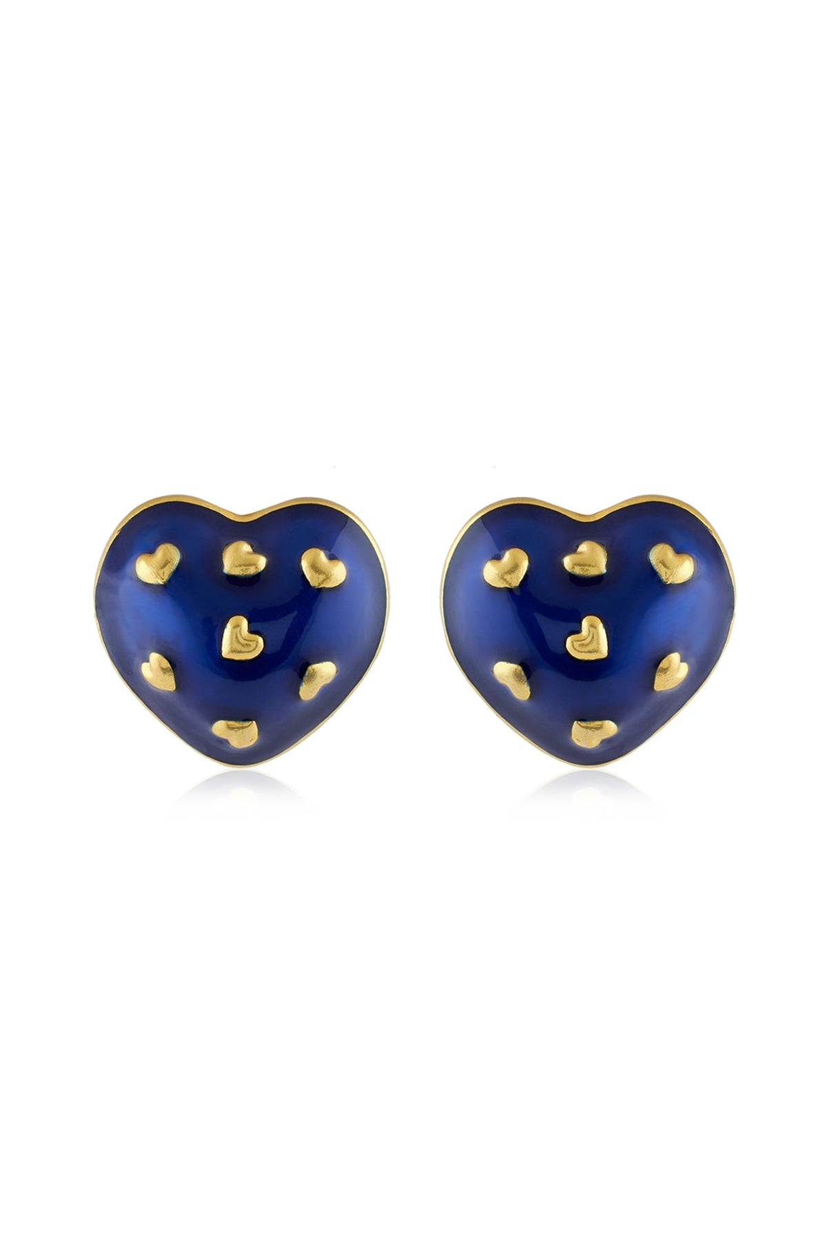 Gold Plated Blue Enameled Heart Stud Earrings