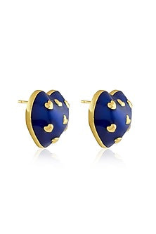 Gold Plated Blue Enameled Heart Stud Earrings