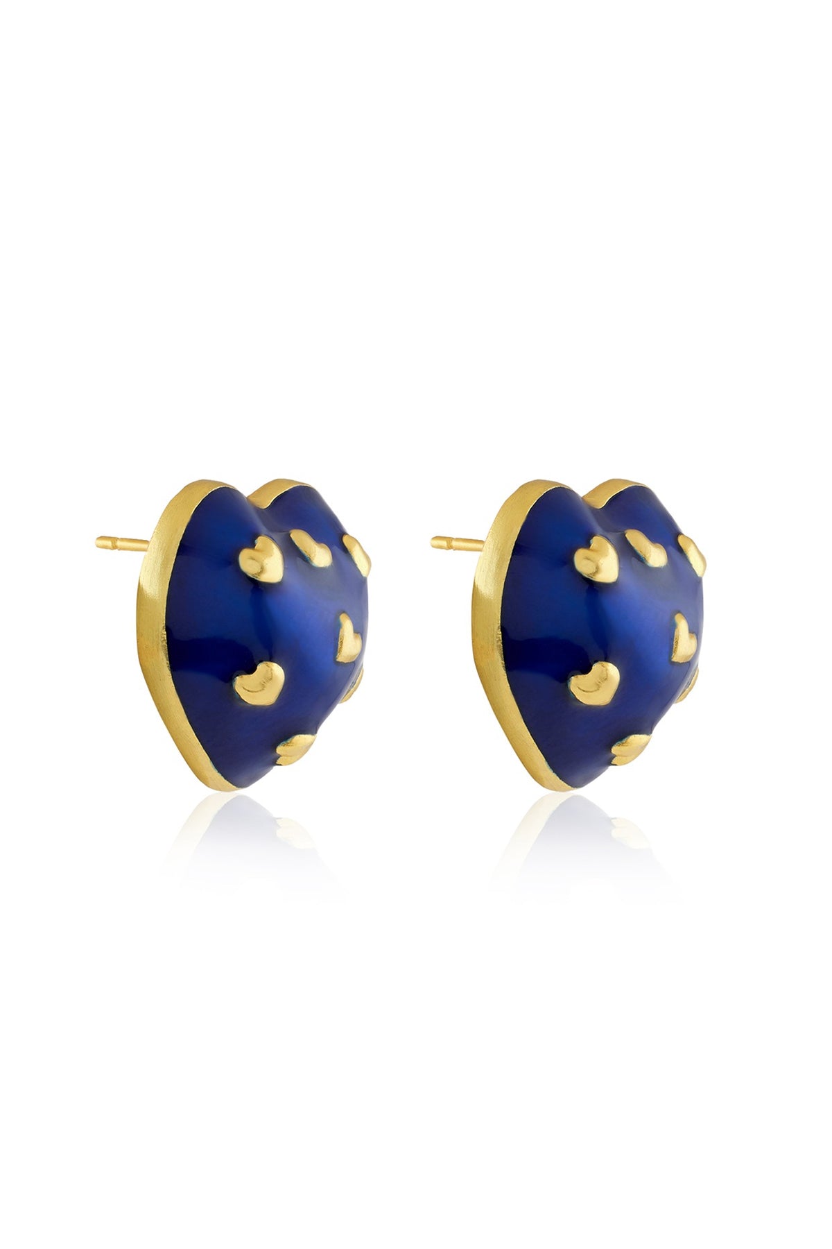 Gold Plated Blue Enameled Heart Stud Earrings