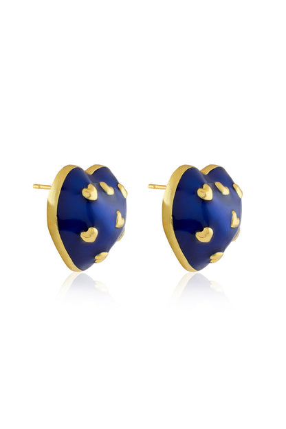 Gold Plated Blue Enameled Heart Stud Earrings