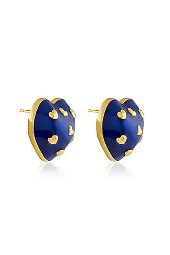 Gold Plated Blue Enameled Heart Stud Earrings