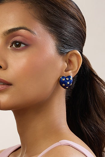 Gold Plated Blue Enameled Heart Stud Earrings