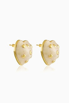 Gold Plated White Enameled Heart Stud Earrings