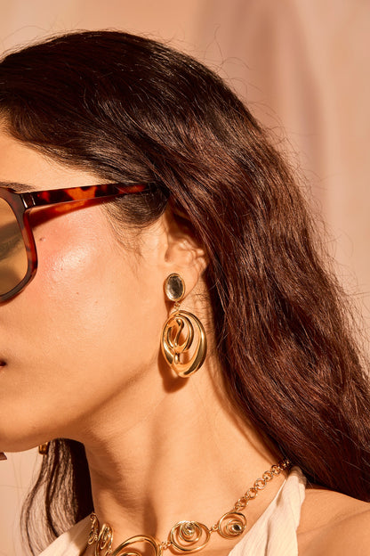 Gold Plated Mirror Wave Curve Dangler Earrings