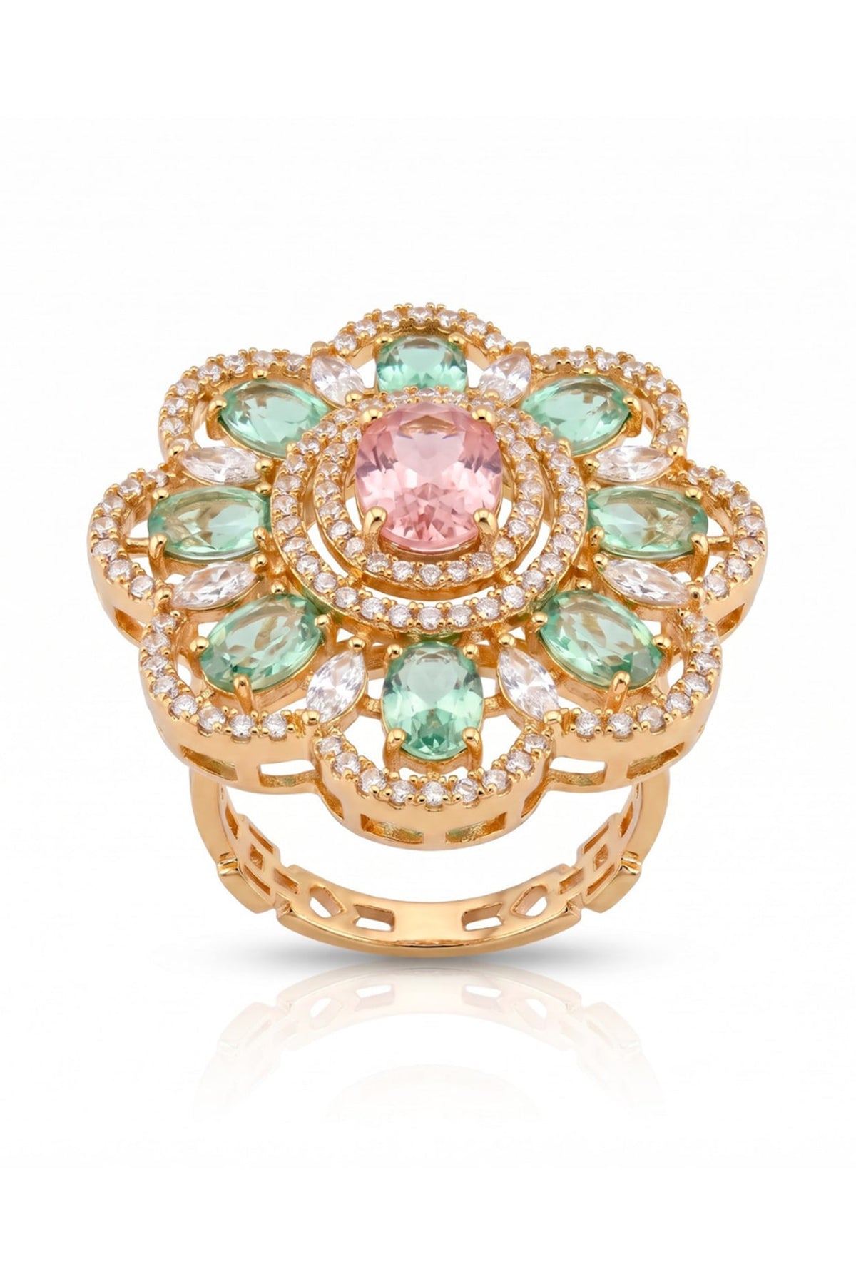 Gold Finish Cubic Zircon & Mint Green Stone Ring