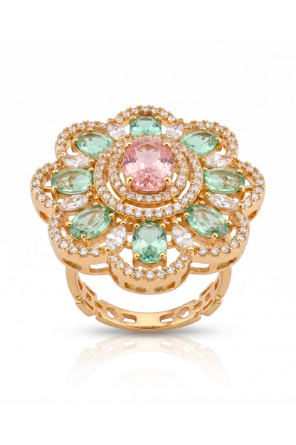 Gold Finish Cubic Zircon & Mint Green Stone Ring