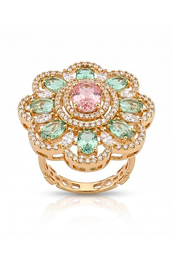 Gold Finish Cubic Zircon & Mint Green Stone Ring