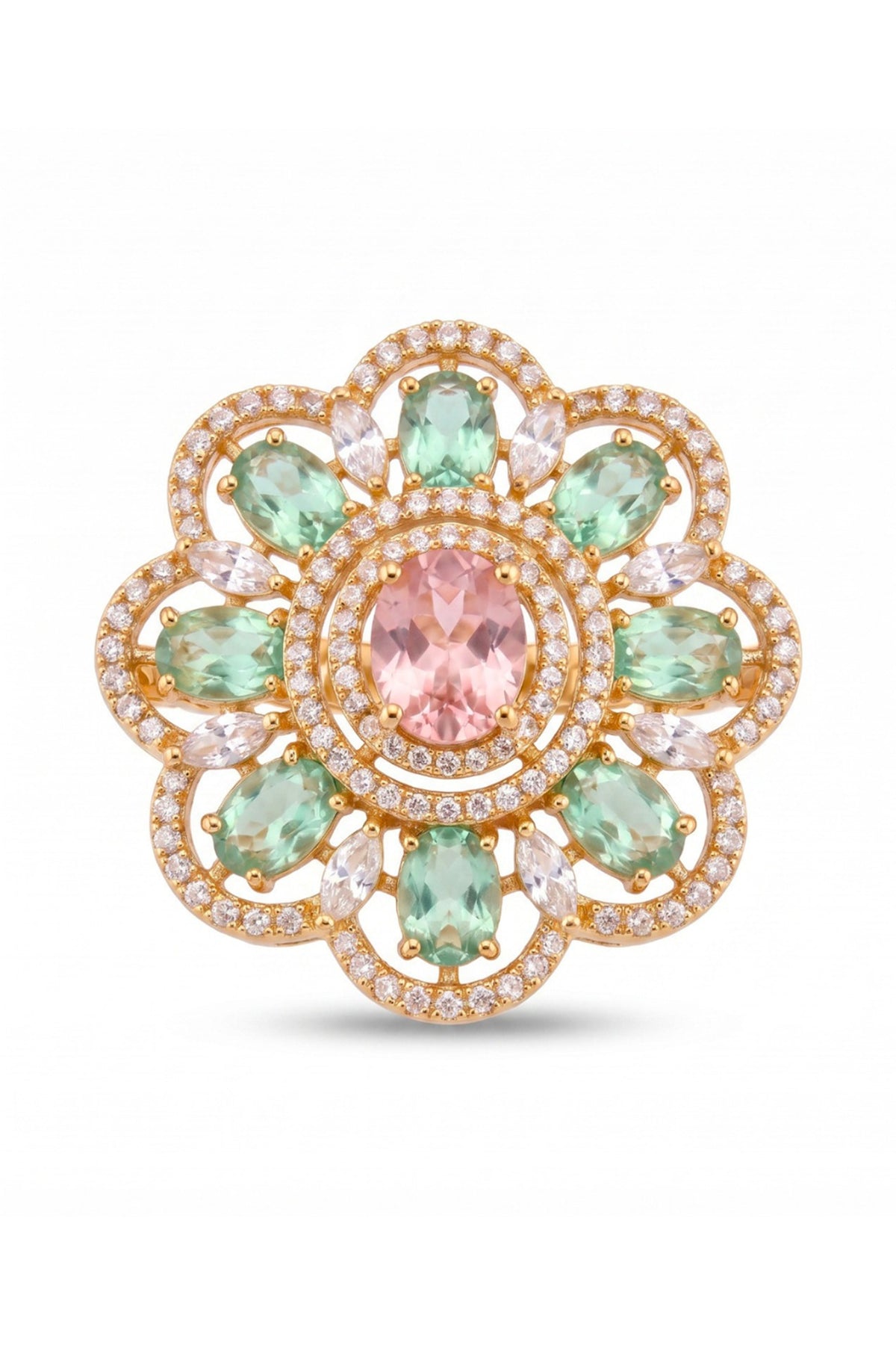 Gold Finish Cubic Zircon & Mint Green Stone Ring