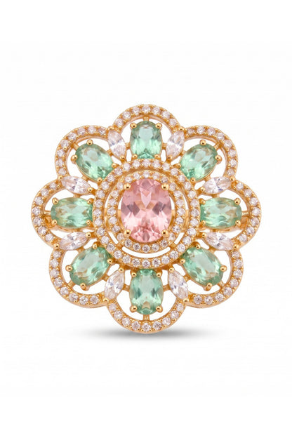 Gold Finish Cubic Zircon & Mint Green Stone Ring