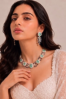 Gold Finish Diamond & Mint Green Stone Choker Necklace Set