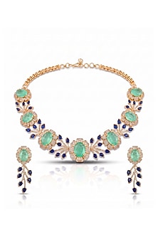 Gold Finish Diamond & Mint Green Stone Choker Necklace Set