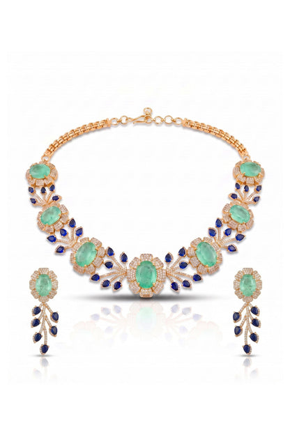 Gold Finish Diamond & Mint Green Stone Choker Necklace Set