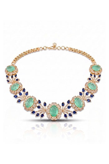Gold Finish Diamond & Mint Green Stone Choker Necklace Set