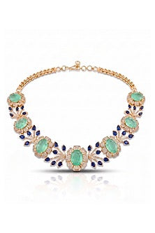 Gold Finish Diamond & Mint Green Stone Choker Necklace Set