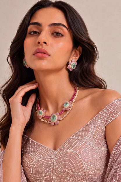 Gold Finish Cubic Zirconia & Ruby Stone Floral Necklace Set