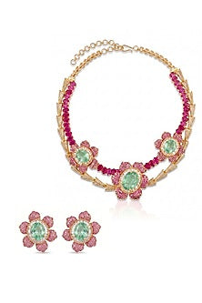 Gold Finish Cubic Zirconia & Ruby Stone Floral Necklace Set