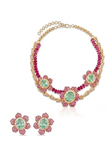 Gold Finish Cubic Zirconia & Ruby Stone Floral Necklace Set